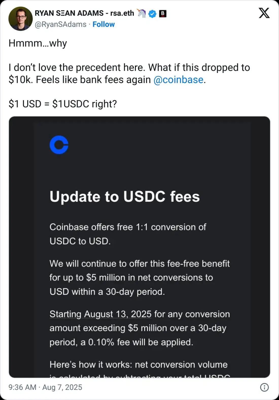Coinbase对大额USDC美元兑换征收0.1%费用 引发市场套利关注