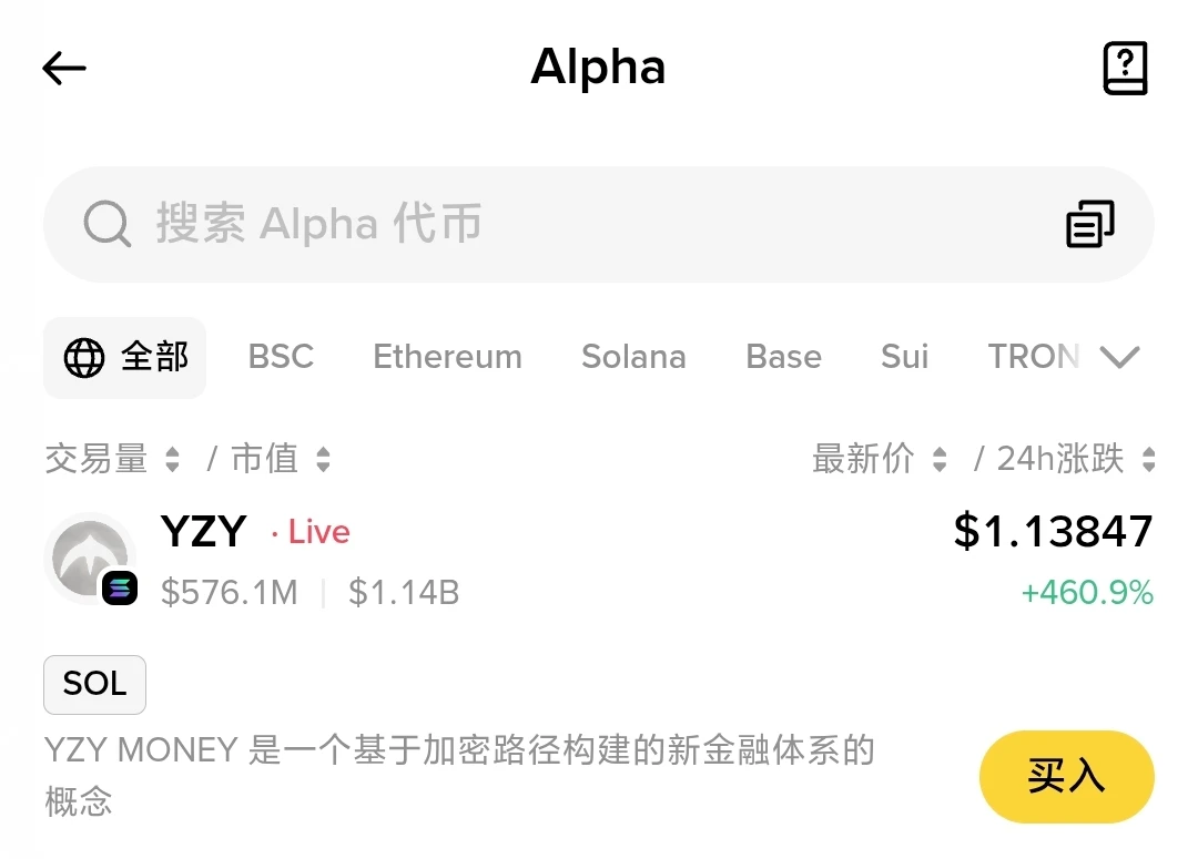 Binance Alpha上线YZY项目