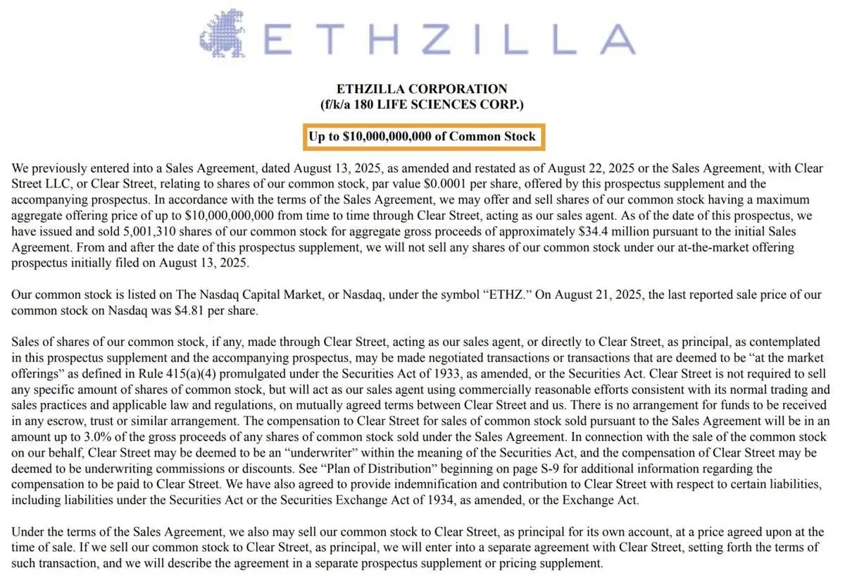 ETHZilla修订证券销售协议拟募资10亿美元增持ETH
