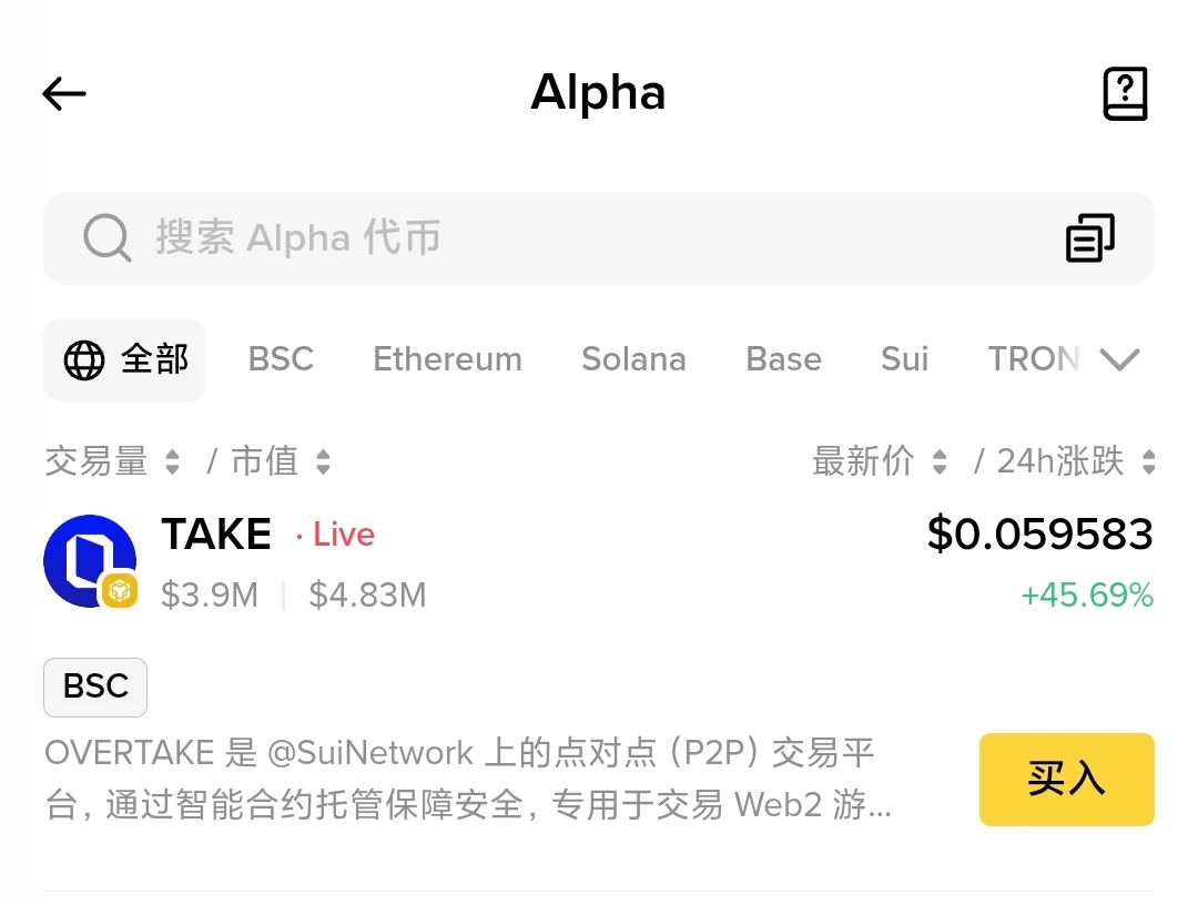 Binance Alpha平台确认上线TAKE代币 8月25日