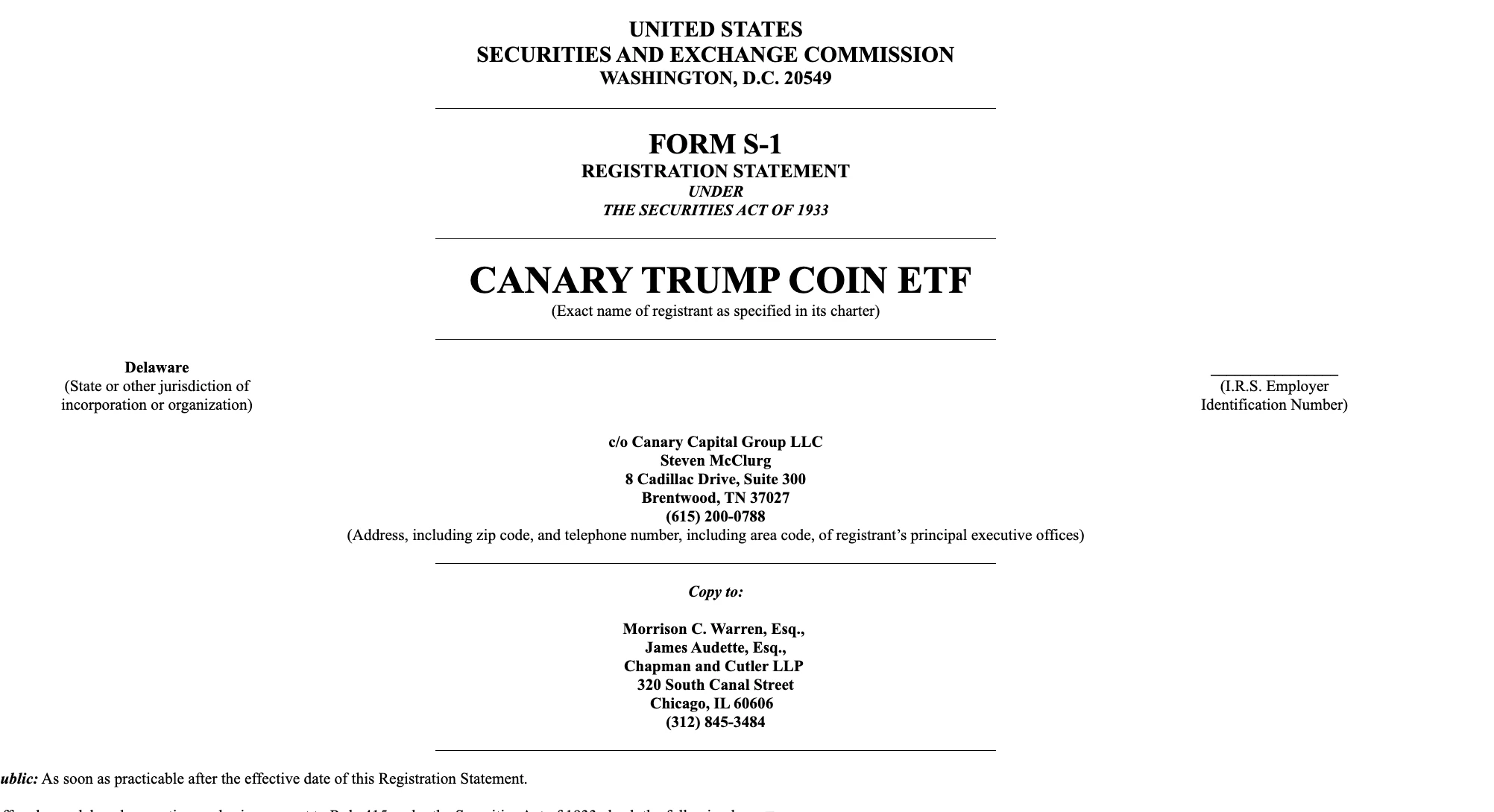 Canary Capital提交TRUMP ETF计划文件 美SEC受理S-1申请