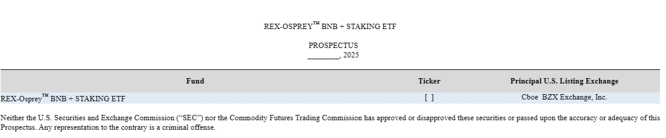 Rex Shares申请推出支持BNB质押的ETF产品