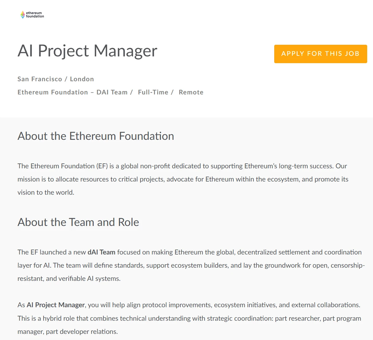 以太坊基金会启动DAI团队AI岗位招聘，推动链上AI发展